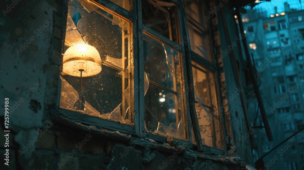 Poster A window with a light shining through it. Perfect for adding a warm and cozy atmosphere to any design or project