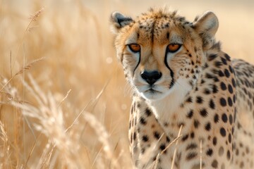 Cheetah stands in long grass in savannah, Acinonyx jubatus