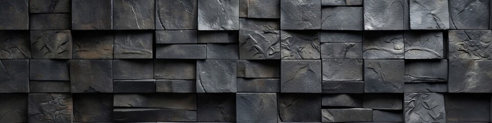 3D wall of interlocking dark limestone pieces, with fossil imprints, connecting past to present in a timeless design.