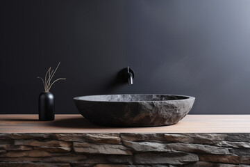 Sleek black basin against black plaster wall in minimal bathroom