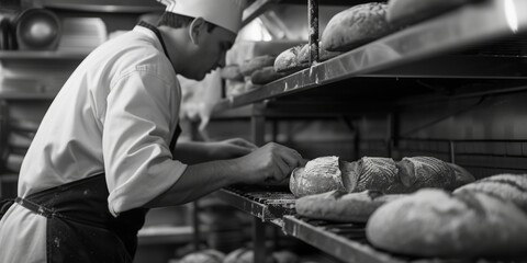 A man wearing a chef's hat is placing bread on a rack. This image can be used to depict baking, culinary skills, or food preparation