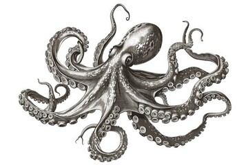 Tentacles of an octopus. Engraving technique isolated on white background. - obrazy, fototapety, plakaty