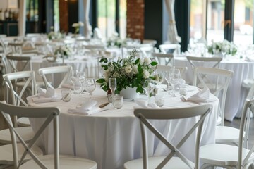 The white round banquet tables in the restaurant. Stylish event decor.