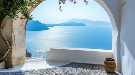 View of the sea from the house through the arch, Santorini island, Greece.