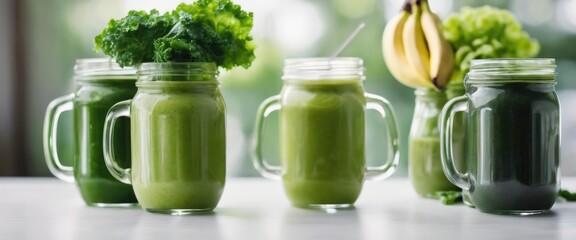 Glass jar mugs with green health smoothies.