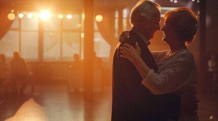 Senior couple engaged in a heartfelt dance amidst a warm, sunlit ballroom, evoking an air of romance and timeless grace - obrazy, fototapety, plakaty