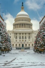 The picture shows the capitol building covered in snow. It can be used to depict a winter scene or to symbolize government and politics in a snowy setting