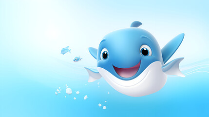 Cute blue whale on a blue water background, funny cheerful cartoon character, close-up