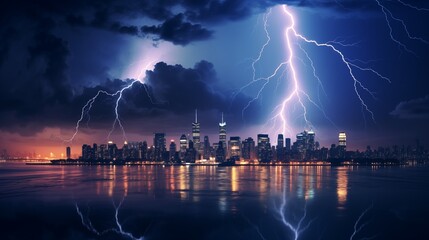 Naklejka na ściany i meble Lightning bolts illuminating the sky above a city skyline during a dramatic storm