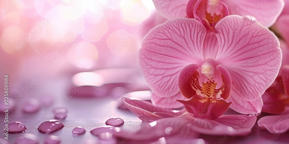 Poster a close-up view of a pink flower on a table. this image can be used for various purposes