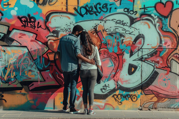 couple with a casual clothes and a sneakers and a professional overlay on the graffiti