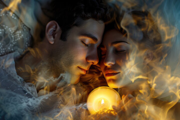 Fototapeta premium couple with a night clothes and a candle and a professional overlay on the dream