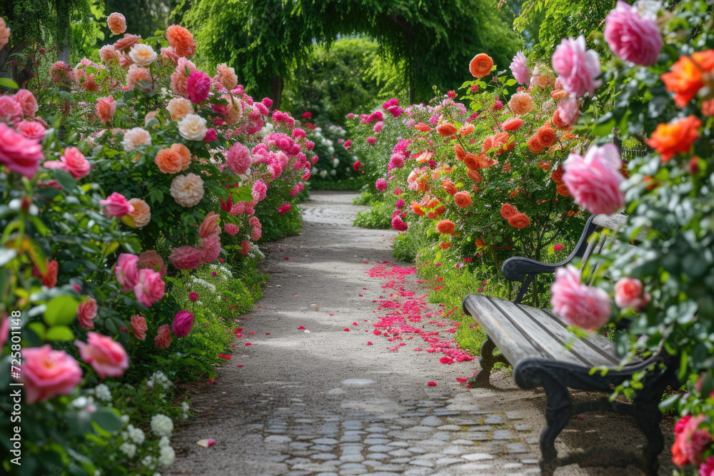 Poster garden path lined with blooming roses of various colors. The roses are in full bloom, their petals soft and velvety