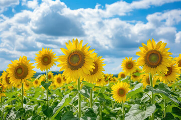 field of sunflowers, with a blue sky and white clouds