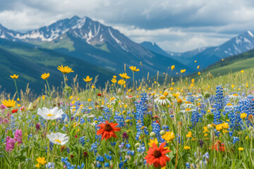 field of wildflowers in the spring, with a mountain range in the background © Formoney
