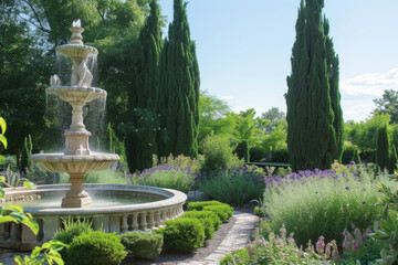 garden with a fountain and a statue, with a blue sky and green trees