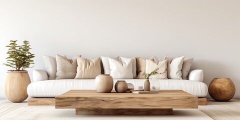 Holiday home decor concept with modern wooden coffee table, cozy sofa, and pillows in living room interior