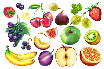 A large collection of ripe fruits and berries on a white isolated background: apple, banana, fig, raspberry, strawberry, currant, gooseberry, plum, kiwi and orange