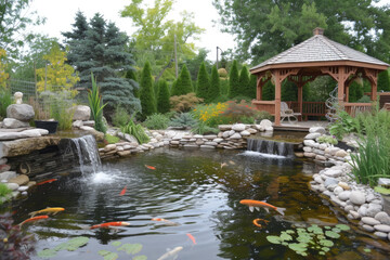 Fototapeta na wymiar pond with a fountain and koi fish, with a bridge and a gazebo