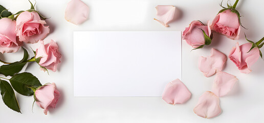 Greeting card with Roses and white blank rectangular paper frames.