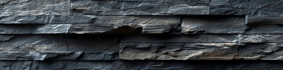 Dark slate stone wall in 3D, with layered textures and a matte finish, creating a contemporary and minimalist appeal