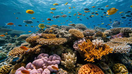 The vibrant colors of coral ecosystems fade to pale white as rising ocean temperatures induce widespread bleaching events caused by climate change - obrazy, fototapety, plakaty