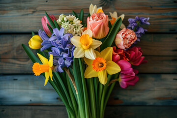 spring bouquet made of tulips, daffodils, and hyacinths