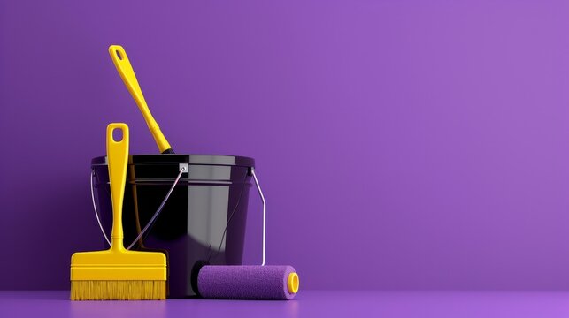 3d black and white bucket with yellow paint, brush and paint roller on purple background. The concept of painting services, restoration of the interior and exterior