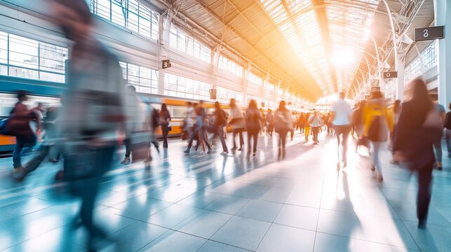 Commuters silhouettes in subway station, train station or airport. Rush Hour in public transport with abstract colorful light trails - Powered by Adobe