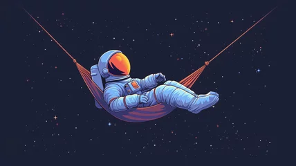 Foto op Canvas Astronaut relaxing on a hammock in the universe of space, cartoon illustration of cosmonautics day © Olga