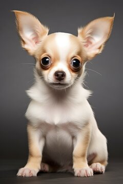 Funny puppy with big ears. Portrait, head shot of a dog. Grey background. Vertical photo. AI Generated