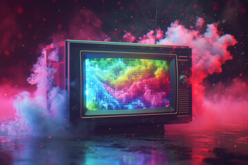 An old TV with a dark body from which abstract waves of colors emanate, new items in digital art, elements of pixel graphics.