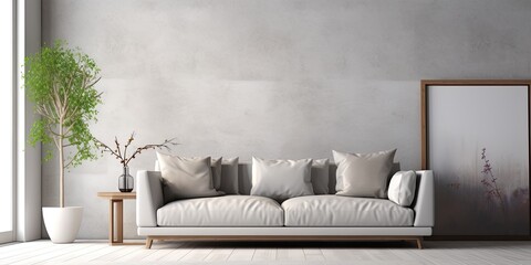 Modern living room with light gray sofa and pillows