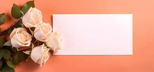 Roses and white blank rectangular paper note frames on peach background.