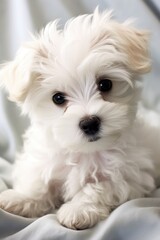 Cute fluffy white puppy. Portrait of a dog. Vertical photo. AI Generated