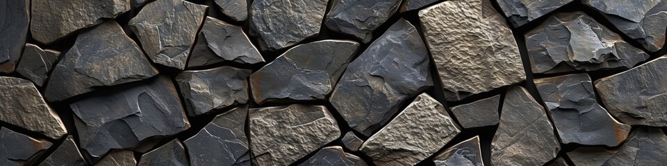 Intricate 3D wall of dark fieldstone, with a mosaic-like arrangement, combining natural beauty with architectural precision - obrazy, fototapety, plakaty
