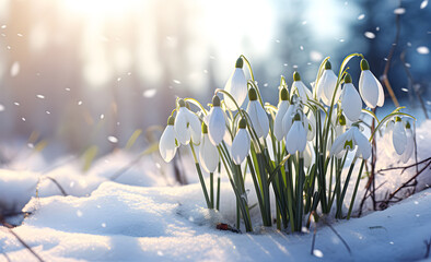 White fresh snowdrop flower (Galanthus) in a snowy landscape
