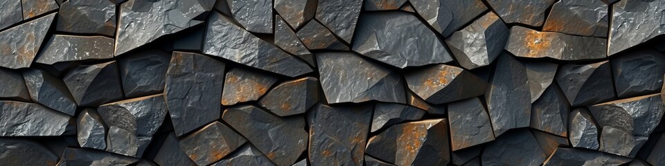 Modern 3D wall of dark, geometrically cut stones, arranged in a visually striking pattern, combining tradition with contemporary aesthetics. - obrazy, fototapety, plakaty