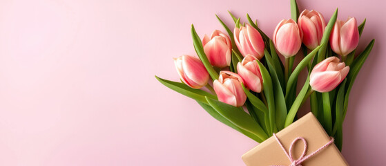 Obraz premium A bouquet of soft pink tulips tied with a string, alongside a craft paper gift box on a pastel background. Mother's Day concept