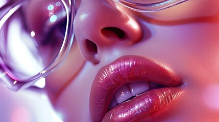 Closeup of female lips with pink lipstick and glasses
