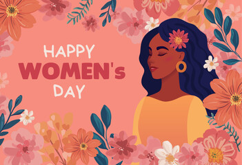 Banner for womens day beautiful woman with flower wreath flower frame pink background