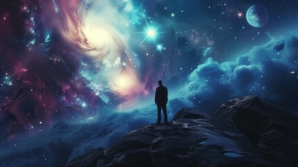 A lone man stands admiring the vast cosmic sky filled with stars and planets