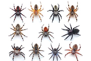 A group of spiders sitting on top of a white surface. Can be used to depict arachnophobia or as a Halloween-themed image - obrazy, fototapety, plakaty