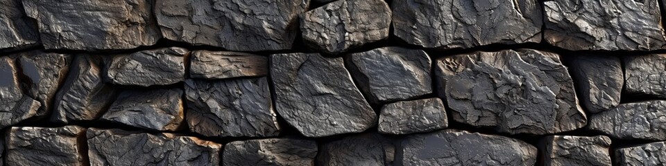 Textured 3D wall of dark basalt stones, seamlessly fitted, casting subtle shadows