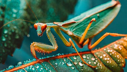 Praying mantis on a dewy leaf