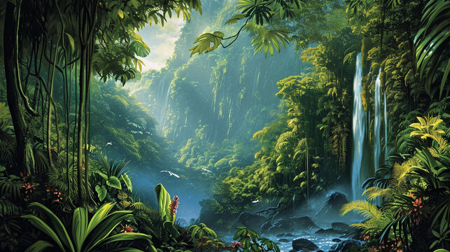 Ancient Rainforest Tale: An enchanting illustration capturing the wonders of ancient rainforests, with towering trees, exotic wildlife, and a mystical ambiance that brings the Eart © Kseniya