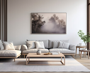 Fototapeta na wymiar A sofa is situated in the center of the image with a table in front of it , The table holds a flower vase, plate, cup, and book. A wall is visible in the background, adorned with a photo frame
