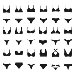 A set of women's underwear. Bras and briefs. Vector illustration. - obrazy, fototapety, plakaty