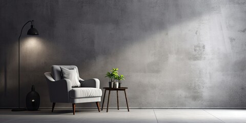 Minimalistic interior with a gray backdrop and concrete textures.