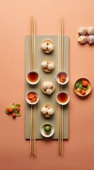 Variety of traditional Asian dim sum in an elegant bamboo steamer on a light pastel background. Concept: food culture, culinary master classes and gourmet dinners
